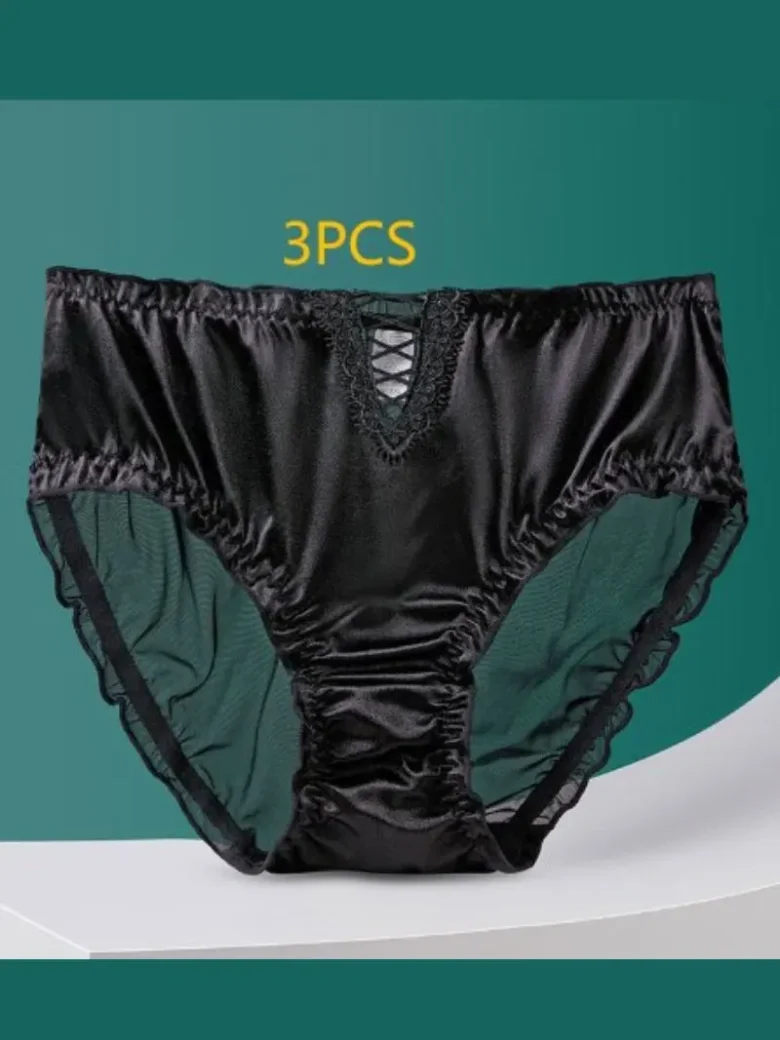 3 Black Hollow Lace Mid-High Waist Panties