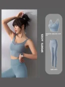 Grey Lake Blue High Waist Hip-Lifting Fitness Suit Bra & Trousers