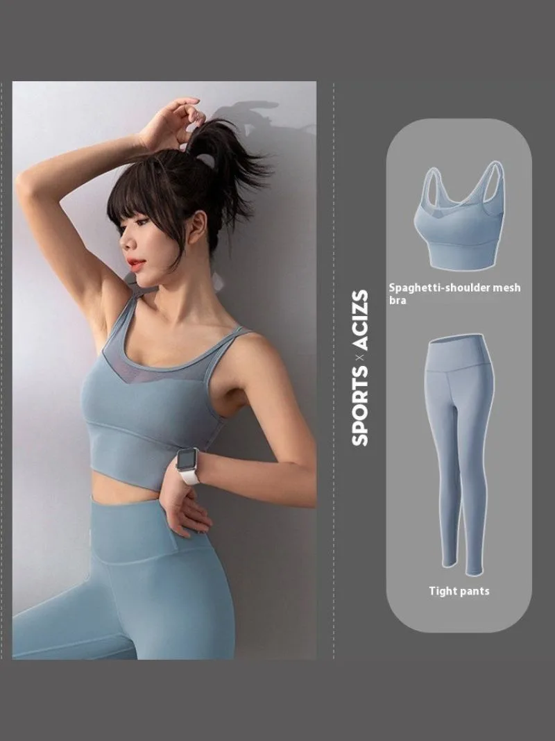 Grey Lake Blue High Waist Hip-Lifting Fitness Suit Bra & Trousers