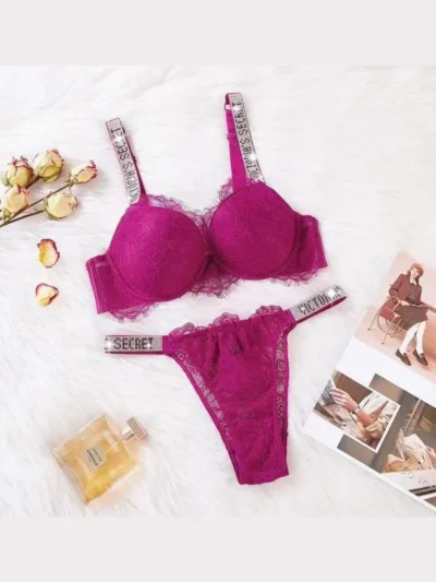 Rose Red Rhinestone Lace Bra & Thong Set