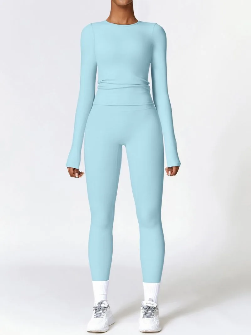 Sky Blue Long Sleeve Top & High-Waist Leggings