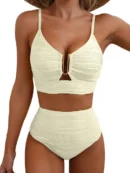 Beige V-Neck Hollow High Waist Bikini Set