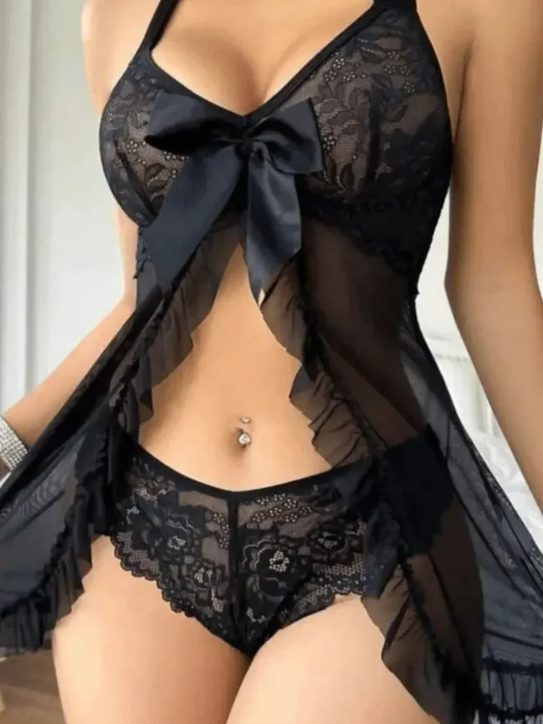 Black See-through Halter Nightdress Lingerie Set