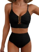 Black V-Neck Hollow High Waist Bikini Set