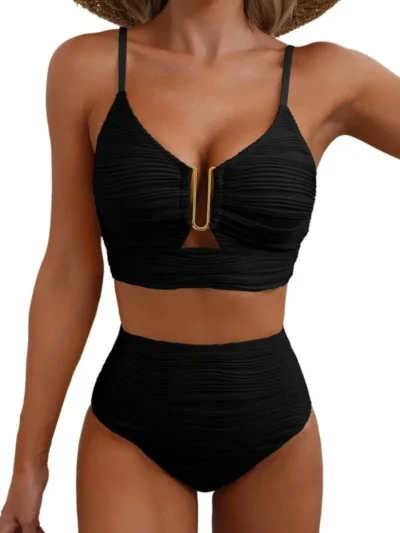 Black V-Neck Hollow High Waist Bikini Set
