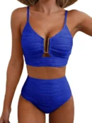 Blue V-Neck Hollow High Waist Bikini Set