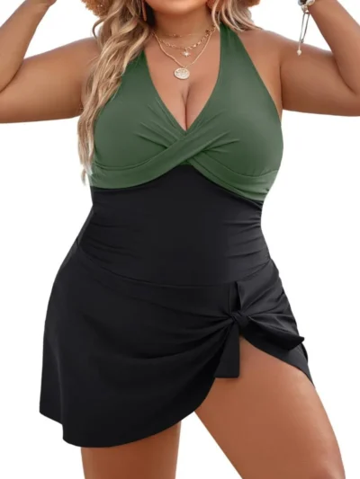 Green And Black Plus Size Skirted One-Piece Swimsuit for Women