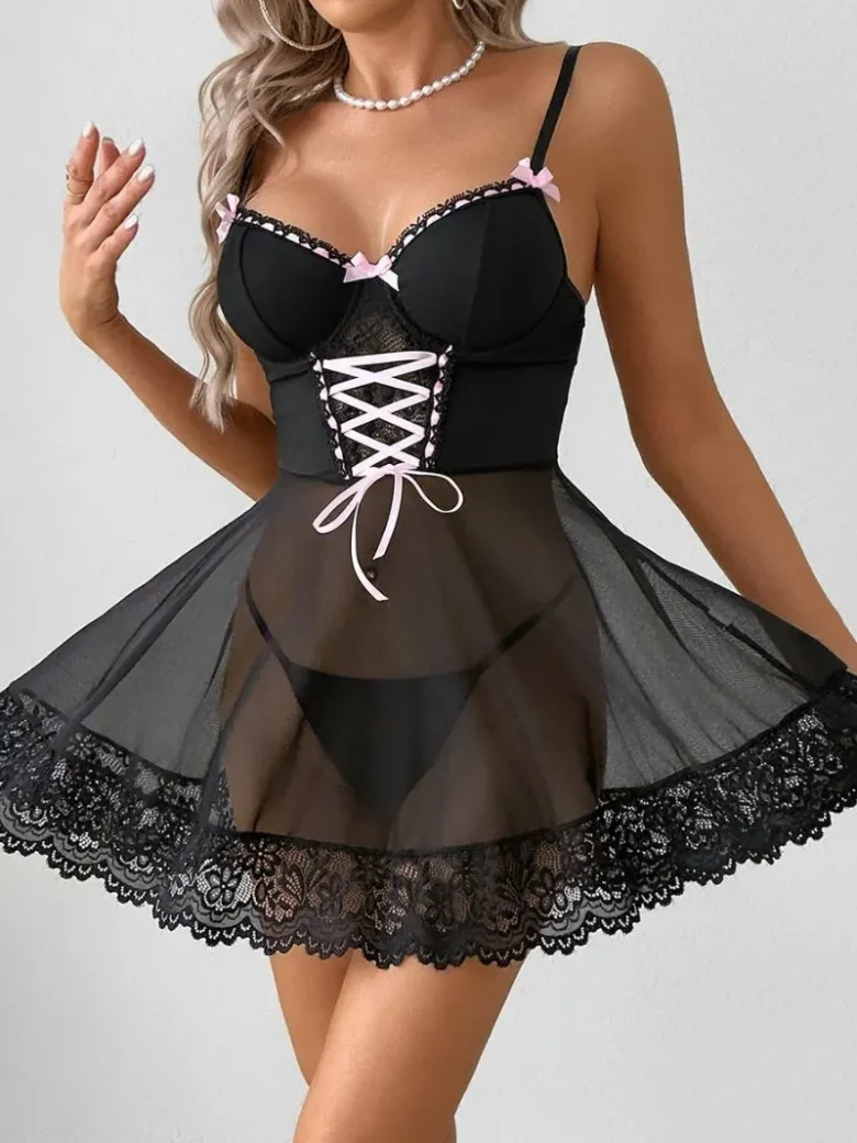 Lace Bow Ribbon Nightdress Two-Piece Set