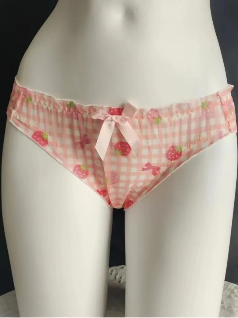 Pink Strawberry Plaid Mid-Waist Panties