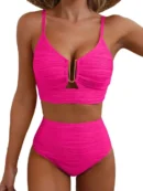 Pink V-Neck Hollow High Waist Bikini Set