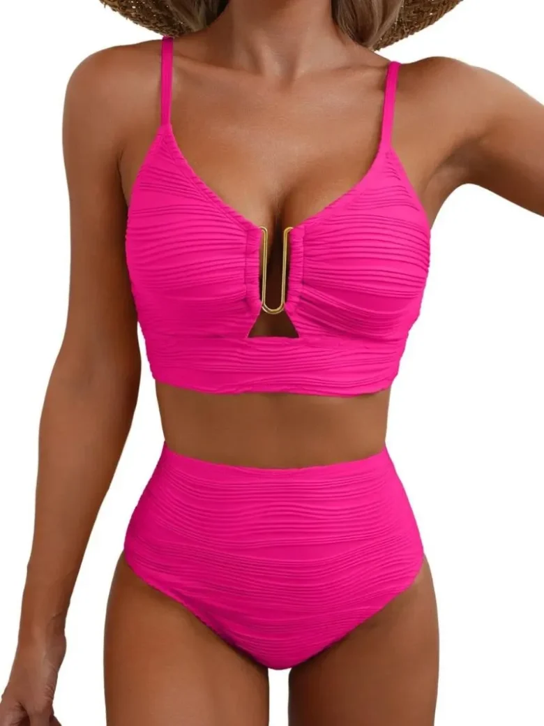 Pink V-Neck Hollow High Waist Bikini Set