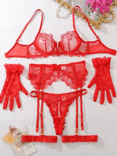 Red Five-Piece Bra Panty Set