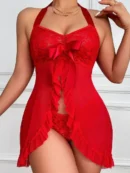 Red See-through Halter Nightdress Lingerie Set