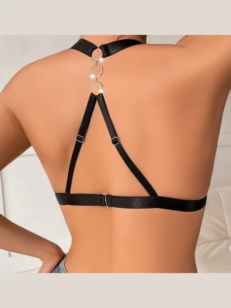 Triangle Cup Halter Chain Black Bra Back