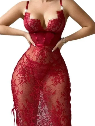 Lace Hollow Wine Red Topless Sheath Dress