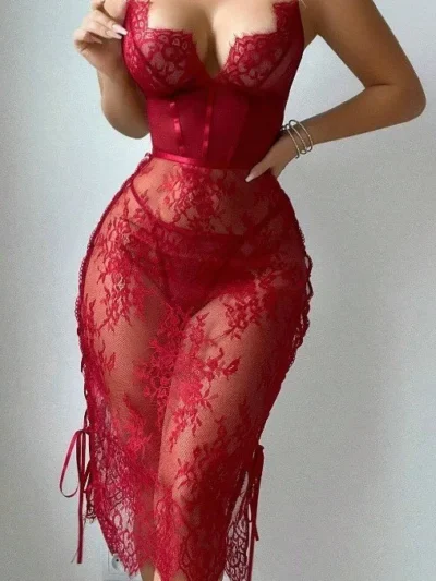 Wine Red Lace Topless Lingerie Dress