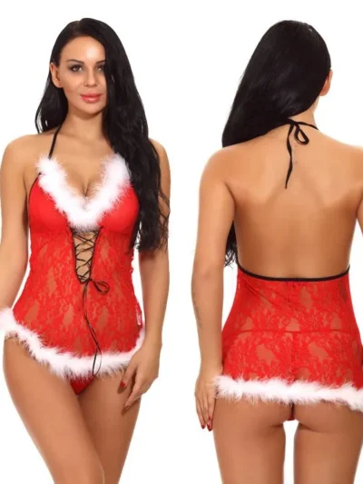 Women’s Christmas Lace Mesh Bodysuit | Sexy Red Cosplay Lingerie for Festive Nights