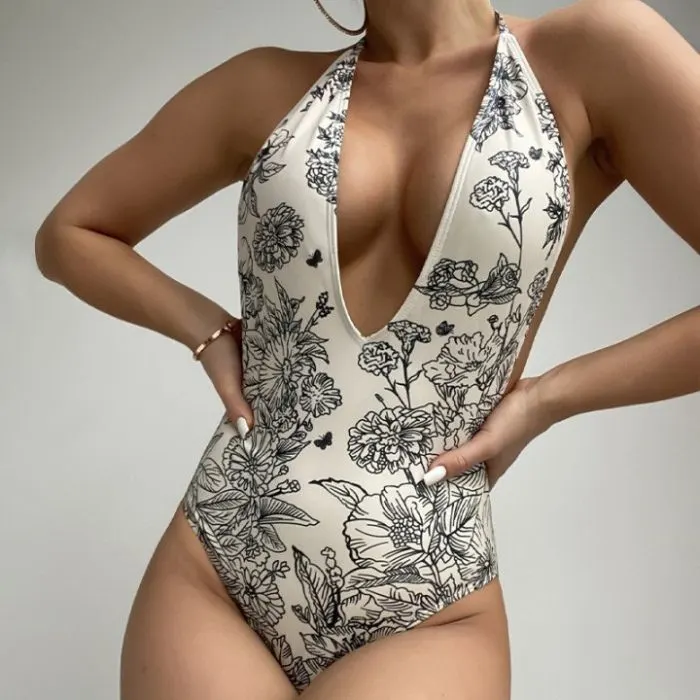 White Printed Slim Fit One Piece Swimwear