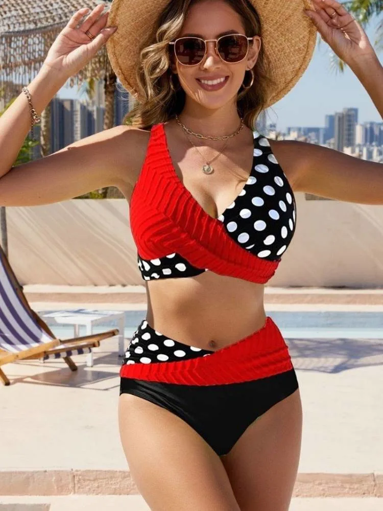 Red And Black Dots Two Piece Bikini Set