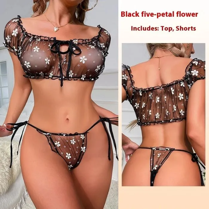 Sheer floral mesh lingerie set for women