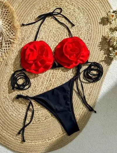 Red and Black Floral bikini set